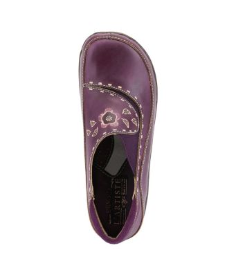 L Artiste Women s BURBANK Hand-Painted Leather Clogs with Floral Embossing and Elastic Insets