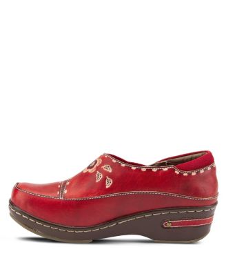 L Artiste Women s BURBANK Hand-Painted Leather Clogs with Floral Embossing and Elastic Insets