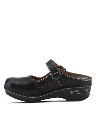 L Artiste Women s Aneria Hand-Painted Leather Clogs with Floral Laser Cutouts, Adjustable Buckle & Contrast Stitching