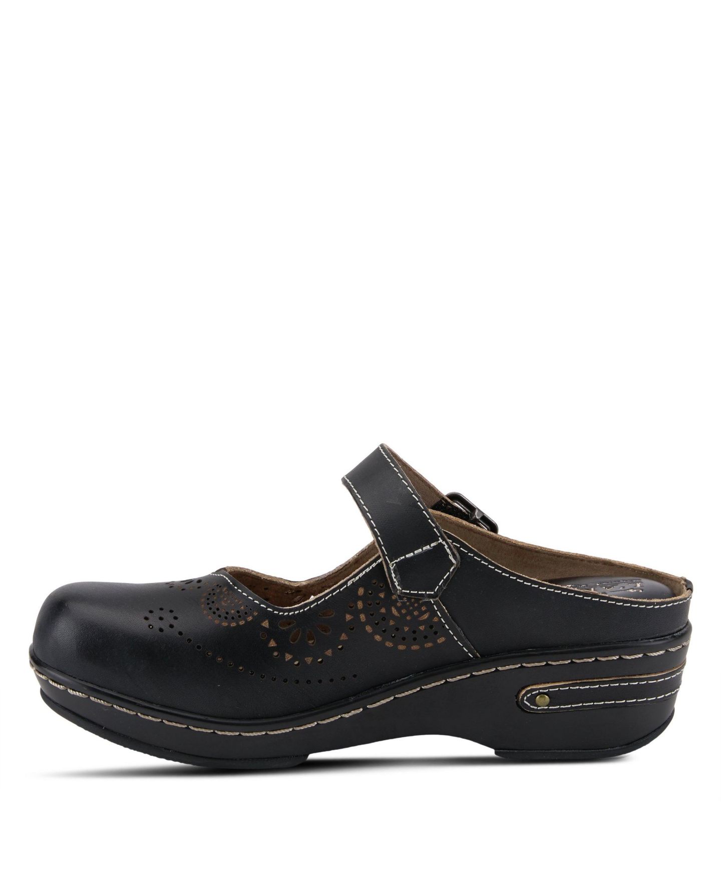 Женские сабо L'Artiste L Artiste Women s Aneria Hand-Painted Leather Clogs with Floral Laser Cutouts, Adjustable Buckle & Contrast Stitching, цвет: Чёрный — фото 2