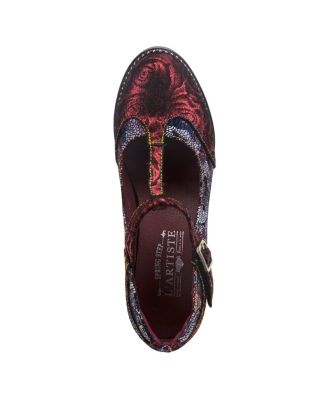 Women s Mazie Closed-Toe T-Strap Heels in Floral Metallic and Mosaic Leather with Decorative Buckle and Stacked Heel