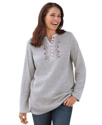 Women's Plus Size Embroidered Thermal Henley Tee