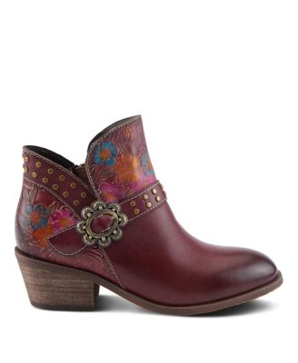 Women's Daintylady Western Ankle Boots with Hand-Painted Floral Embossing, Studded Belt Detail – Feminine Cowgirl-Inspired Comfort Booties