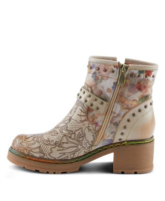 Women's Branchout Hand-Painted Leather Booties with Etched Botanical Motifs, Studded Buckle Strap, Inside Zipper, and Rainbow Stitching