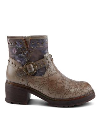 Women's Branchout Hand-Painted Leather Booties with Etched Botanical Motifs, Studded Buckle Strap, Inside Zipper, and Rainbow Stitching