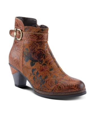 Women's Antilles Floral Embossed Suede Ankle Booties with Vintage Buckle Detail, Inside Zipper, Low Heel, Faux Fur Lining