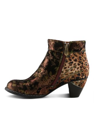 Women's Dessalynn Floral and Animal Print Suede Ankle Boots with Velvet Lining, Decorative Button, Side Zipper – Artistic Comfort Booties