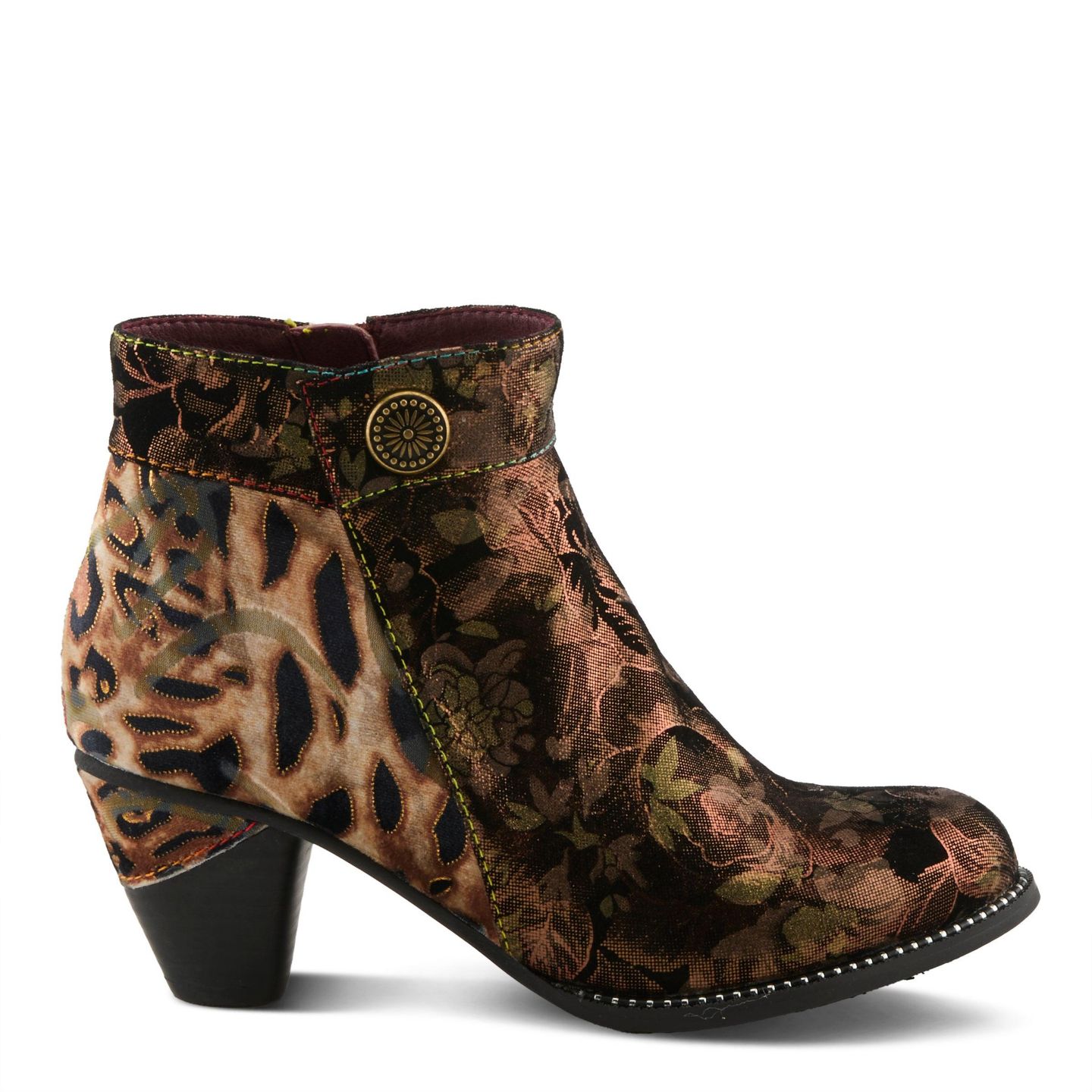 Женские ботинки L'Artiste Dessalynn Floral and Animal Print Suede Ankle Boots with Velvet Lining, Decorative Button, Side Zipper - Artistic Comfort Booties, цвет: Бронзовый разноцветный — фото 3