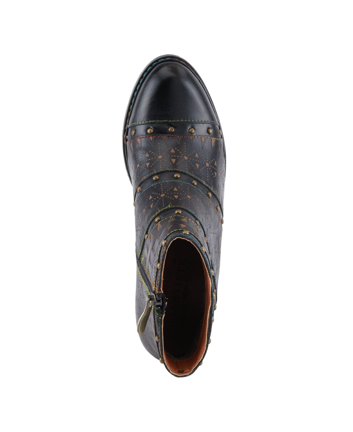 L'Artiste Women's Niobe Leather Ankle Boots with Burnished Finish, Gold Studs, Etched Patterns, Inside Zipper, and Rainbow Stitching – Artisan