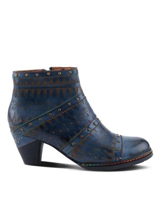 Women's Niobe Leather Ankle Boots – Burnished, Gold Studs, Etched Design, Inside Zip & Rainbow Stitching