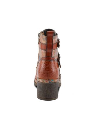 L Artiste Women s Moonlit Leather Ankle Boots with Floral Embossing, Triple Buckle Straps, Inside Zipper, Lug Sole, Velvet Lining, and Brass Accents