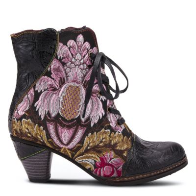 L’Artiste Women’s SIREN Embroidered Floral Lace-Up Booties with Embossed Leather, Scalloped Trim & Cone Heel