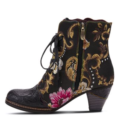 L’Artiste Women’s SIREN Embroidered Floral Lace-Up Booties with Embossed Leather, Scalloped Trim & Cone Heel