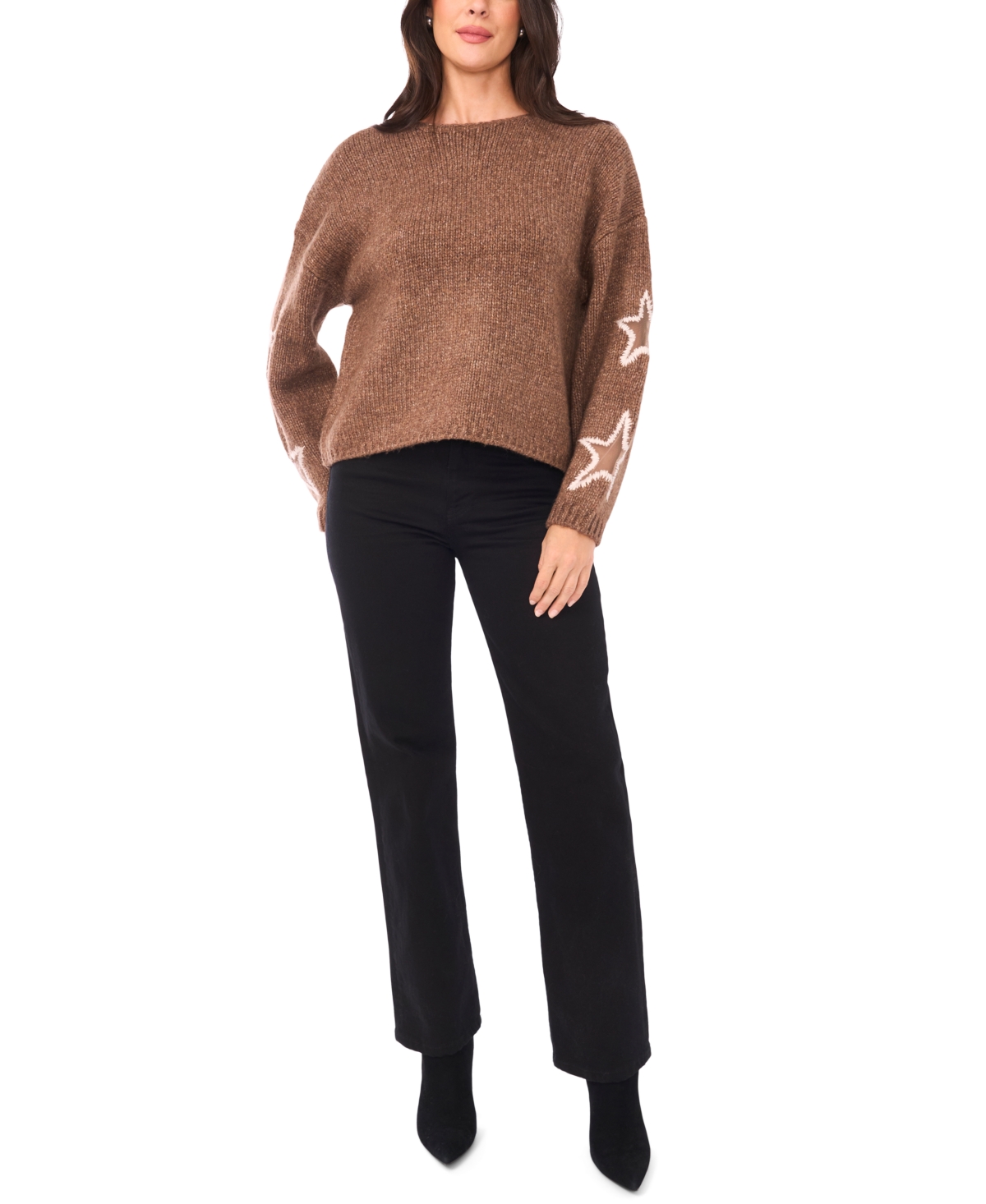 Sam & Jess Women's Crewneck Star Pattern Sweater In Brown