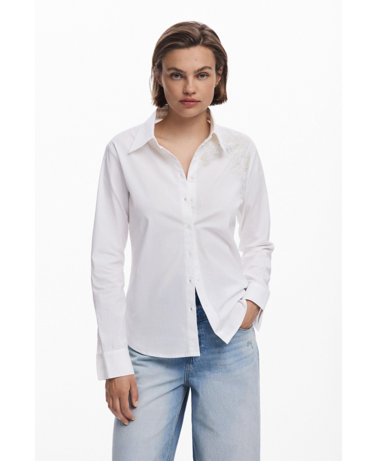 Desigual Embroidered Long Sleeve Stretch Cotton Button-up Shirt In White
