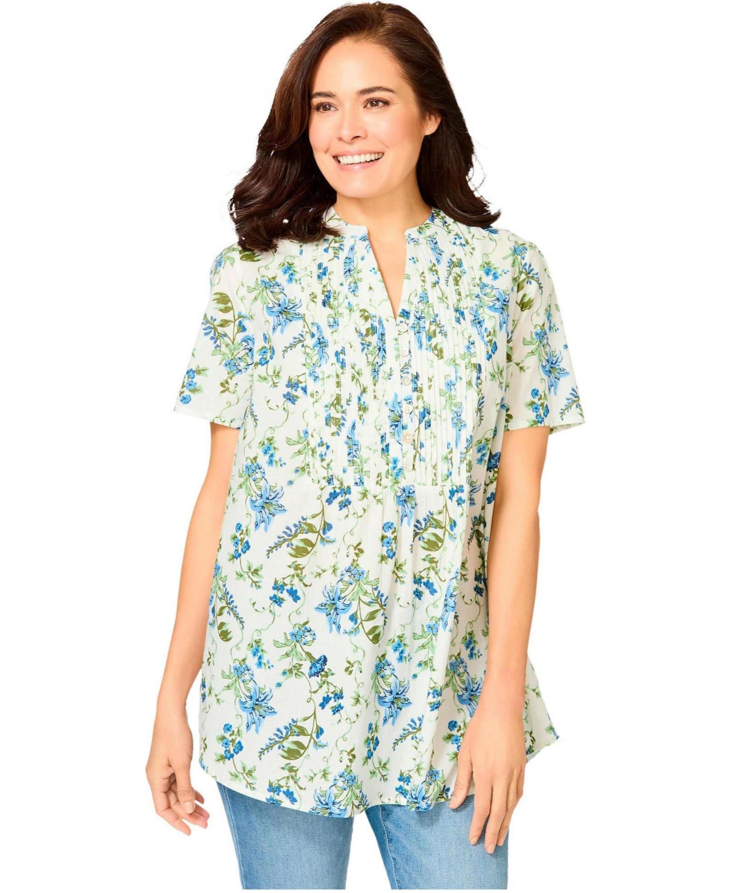Женский топ Woman Within Plus Size Pintucked Half-Button Tunic, цвет: Синий с принтом — фото 1