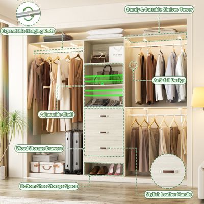 8-Foot Walk-In Closet Organizer with 3 Shelving Towers, Heavy-Duty Clothes Rack and 3 Drawers