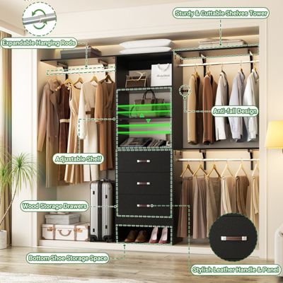 8-Foot Walk-In Closet Organizer with 3 Shelving Towers, Heavy-Duty Clothes Rack and 3 Drawers