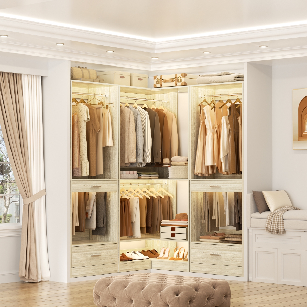 Corner Closet System with Upper & Lower Hanging Areas, Wardrobe Organizer Shoe Shelf