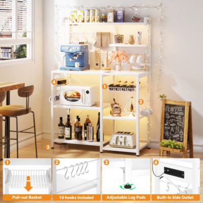 Kitchen Storage Shelf with Hooks, Coffee Bar Station with Power Outlets & LED Light, Bakers Rack with Pull-Out Basket