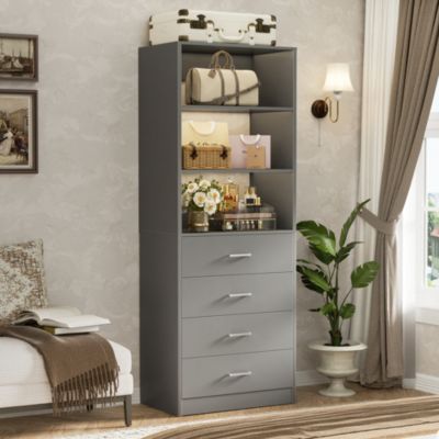 21.3-Inch Closet Drawer System, Walk-In Closet Tower with 4 Wooden Drawers and Shelves