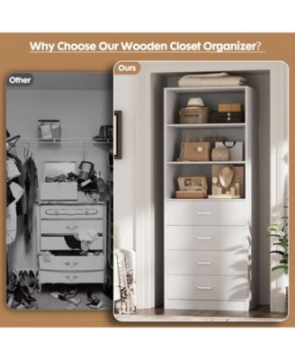 21.3-Inch Closet Drawer System, Walk-In Closet Tower with 4 Wooden Drawers and Shelves
