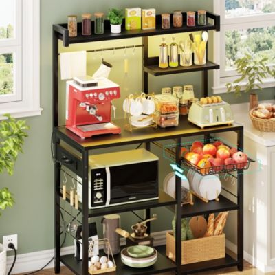 Kitchen Storage Shelf with Hooks, Coffee Bar Station with Power Outlets & LED Light, Bakers Rack with Pull-Out Basket