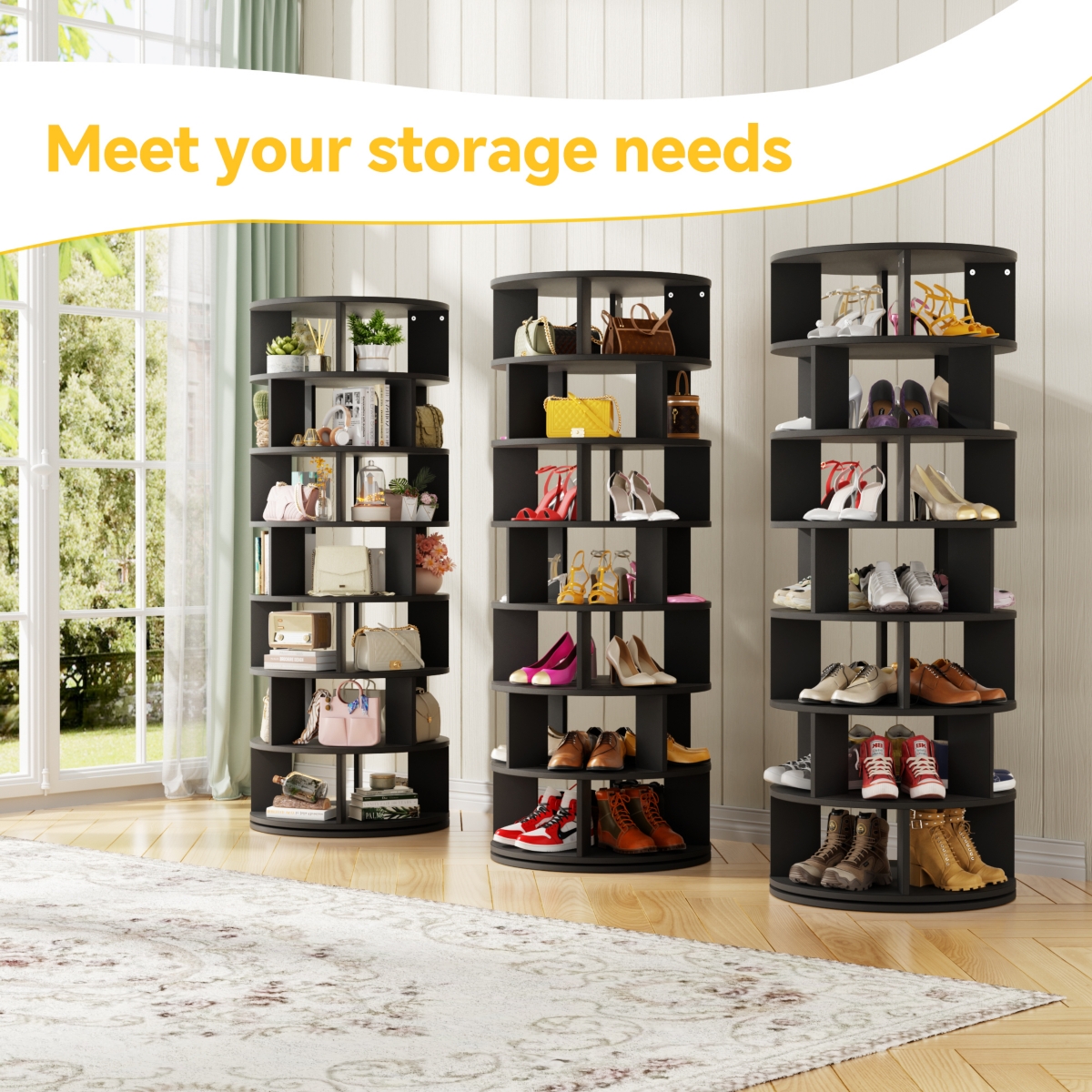 7-Tier Rotating Shoe Rack, 360° Display Wooden Revolving Rack Tower