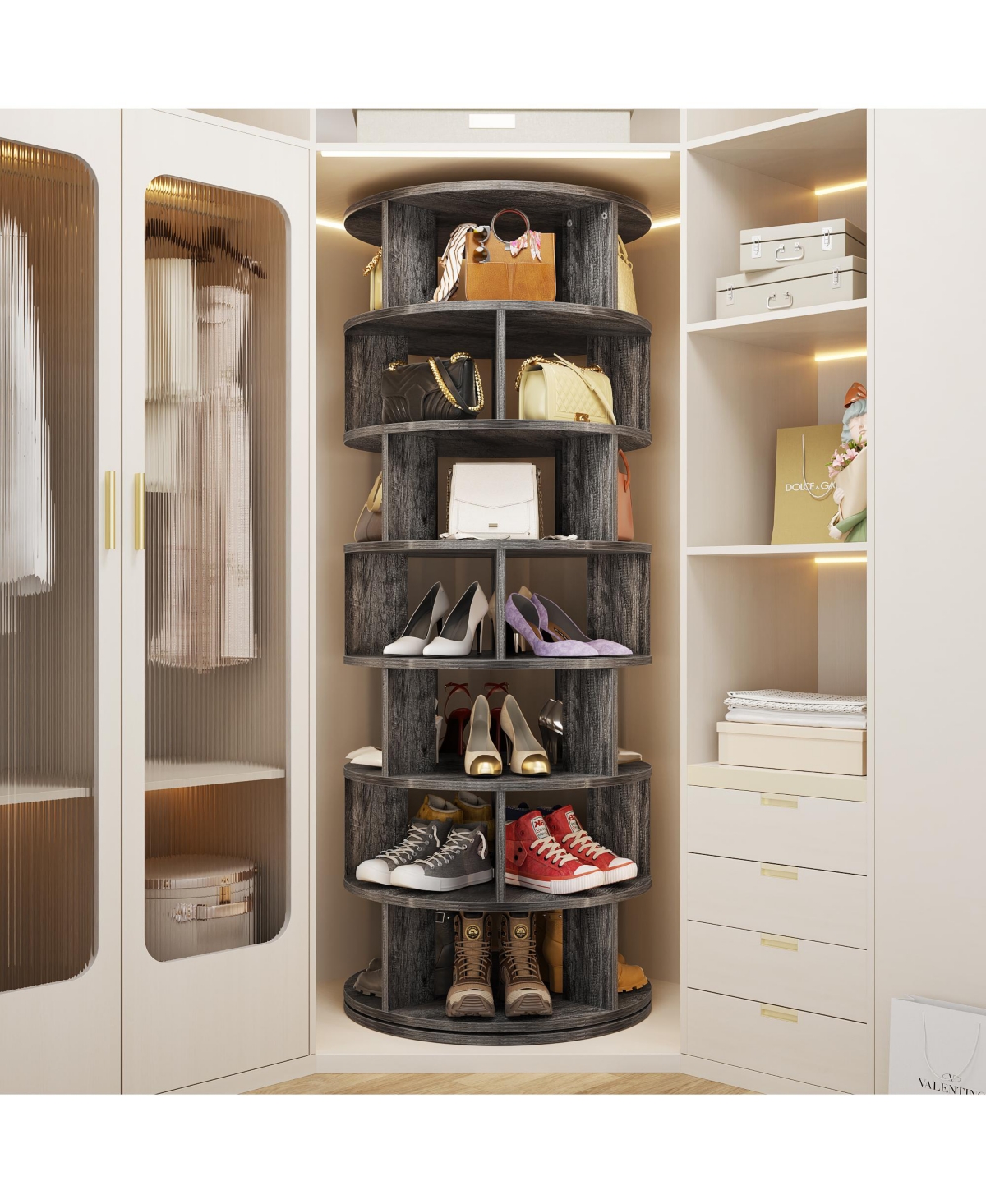 7-Tier Rotating Shoe Rack, 360° Display Wooden Revolving Rack Tower