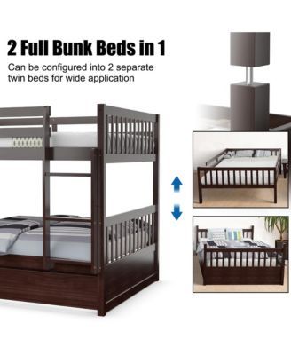 Full over Full Bunk Bed Platform Wood Bed w/ Trundle & Ladder Rail