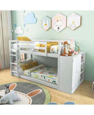 Twin Over Twin Bunk Bed Wood Frame Storage Shelves Ladder Guardrails Kids