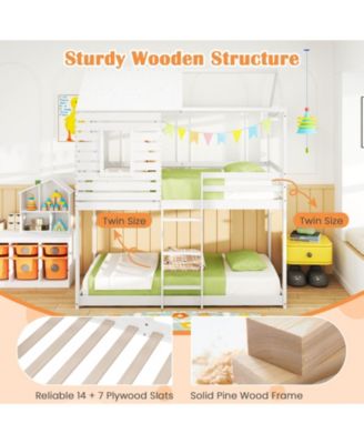 Twin over Twin House Bunk Bed Low-to-ground Bed Frame w/ Roof Solid Wood Bed