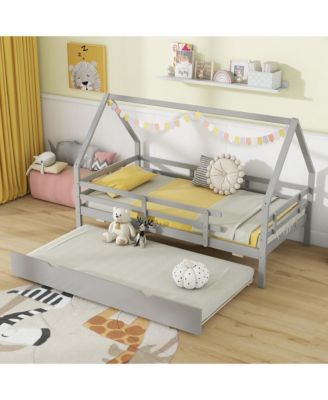 Twin Size House Bed w/ Trundle Wooden Kids Bed w/ Safety Rails & Decorable Roof
