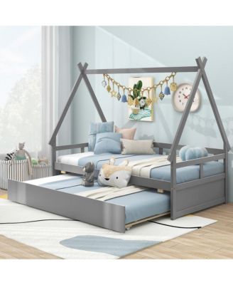 Twin Size House Bed w/ Trundle Roof & Safety Guardrail Wood Slat Support