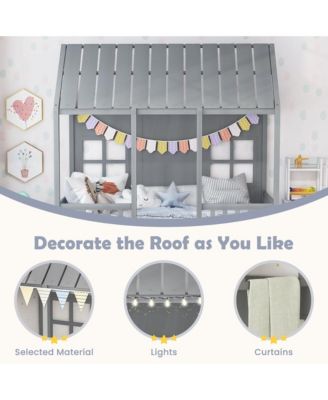 Twin Size House Bed with Trundle Fence Decor Wooden Windows Tall Roof