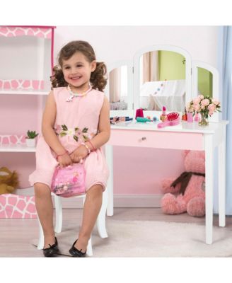 Kids Vanity Set with Tri-Folding Mirror and Chair – Princess Style Makeup Dressing Table