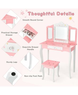 Kids Vanity Princess Makeup Dressing Table Chair Set W/ Tri-folding Mirror