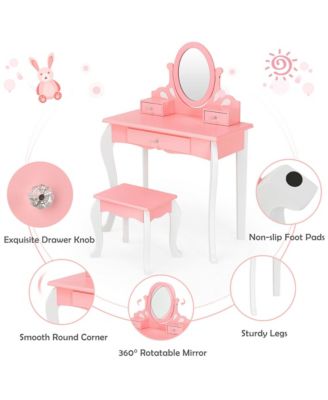 Kids Vanity Princess Makeup Dressing Table Stool Set W/ Mirror Drawer