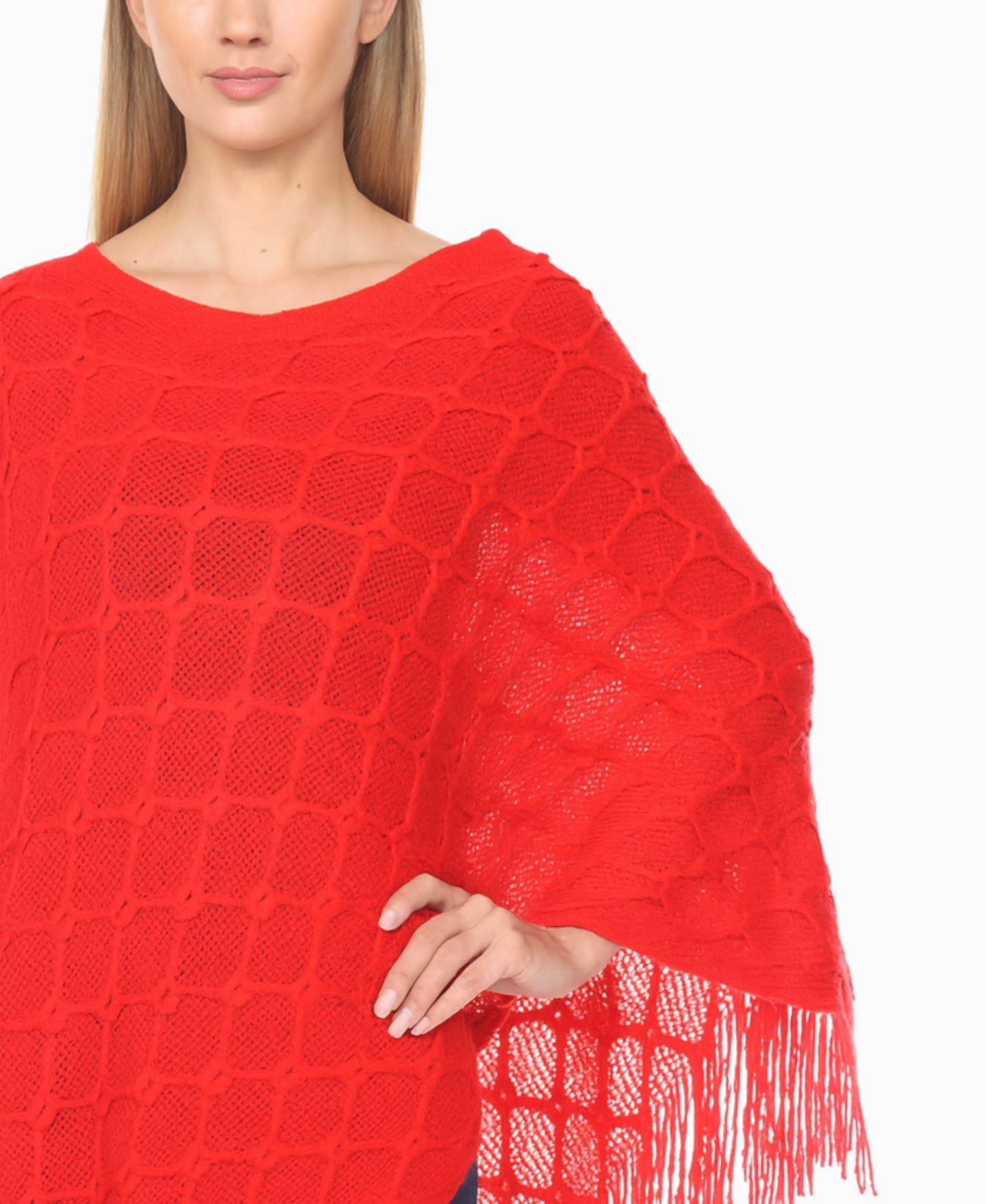 Женский свитер White Mark Open Knit Fringe Poncho, цвет: Красный — фото 4