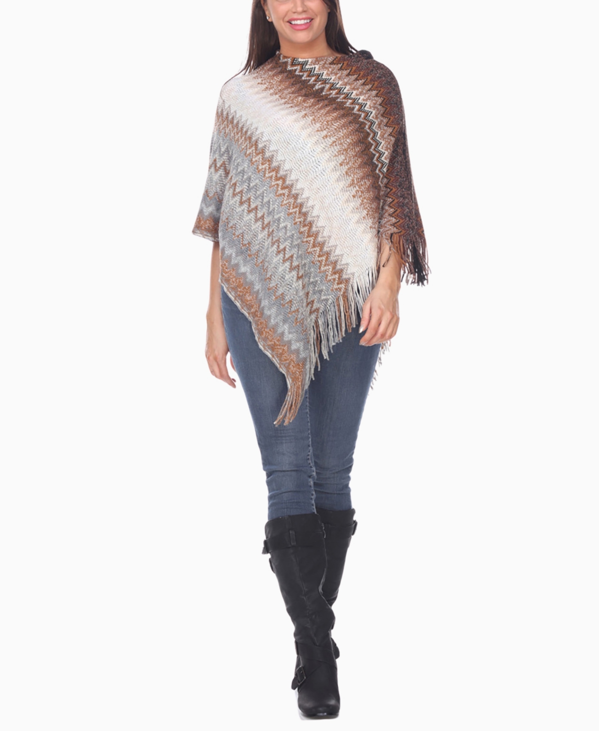 White Mark Women's Chevron Knit Fringed Hem Poncho Sweater In Multi