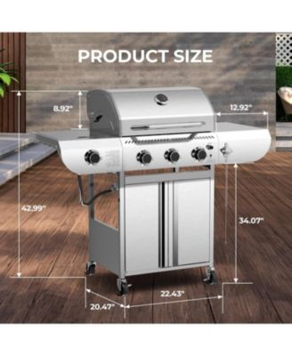 3-Burner Propane Gas Grill with Side Burner 34,000 BTU Stainless Steel Outdoor BBQ Grill, Cast Iron Grates, Portable for Patio, Camping