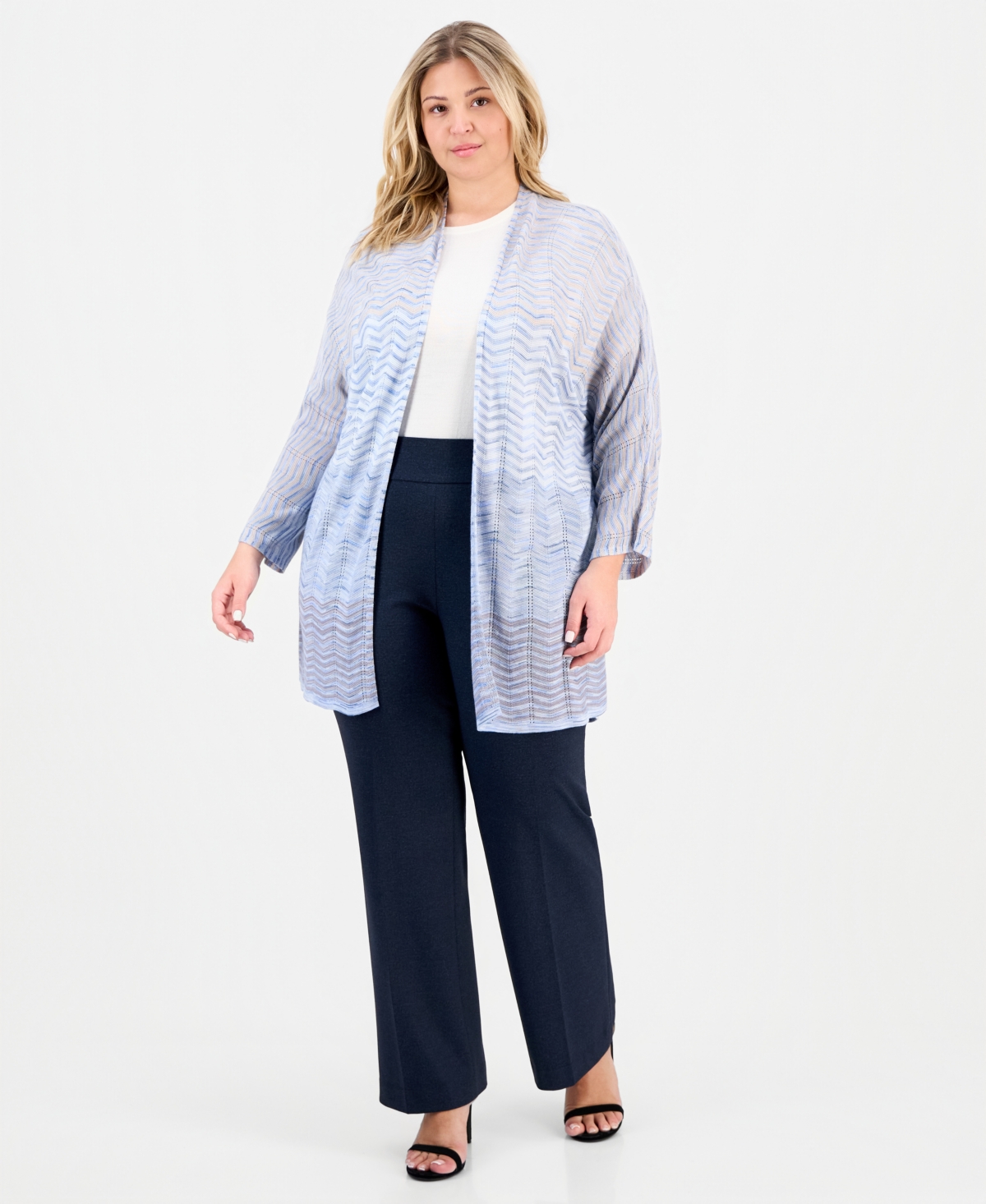 Anne Klein Plus Open-Front Zig-Zag Knit Cardigan