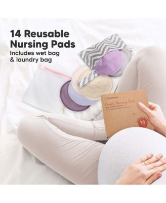 14pk Organic Nursing Pads, Washable Breast Pads + Wash Bag, Reusable Nipple Pads