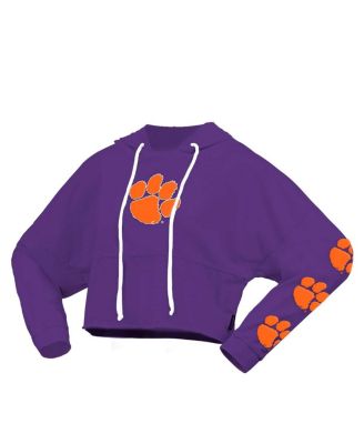 Women's Purple Clemson Tigers Oversized Cropped Pullover Hoodie