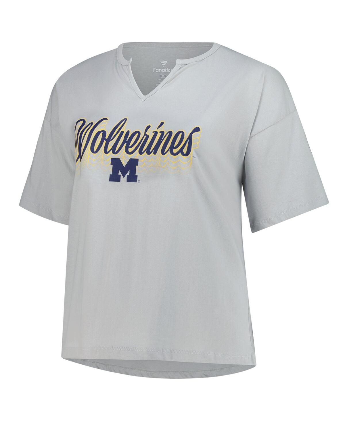 Fanatics Women's Gray Michigan Wolverines Plus Size Winning Gear Notch Neck T-shirt In Animal Print