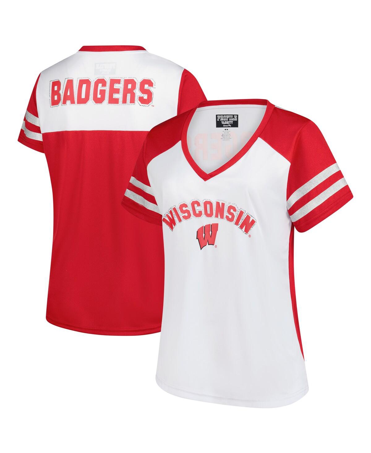 Fanatics Women's White Wisconsin Badgers Plus Size Rhinestone Glitter Sleeve Stripe V-neck T-shirt In White