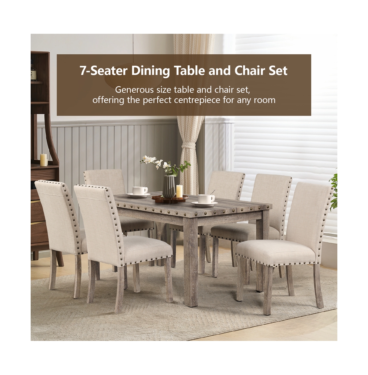 Morden Fort 7 Piece Rustic Wooden Dining Set, Mid-Century Modern Table & Chair Set for Spacious Dining Rooms and Entertaining Guests