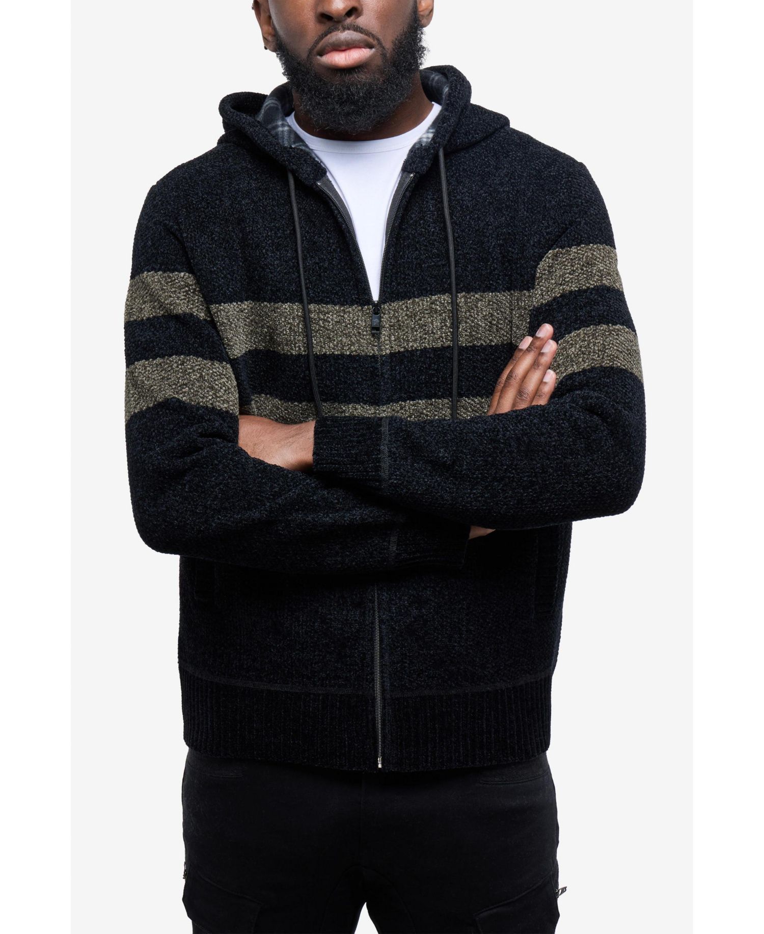 Men's Full Zip Hooded Sweater With Stripes And Flannel Lining