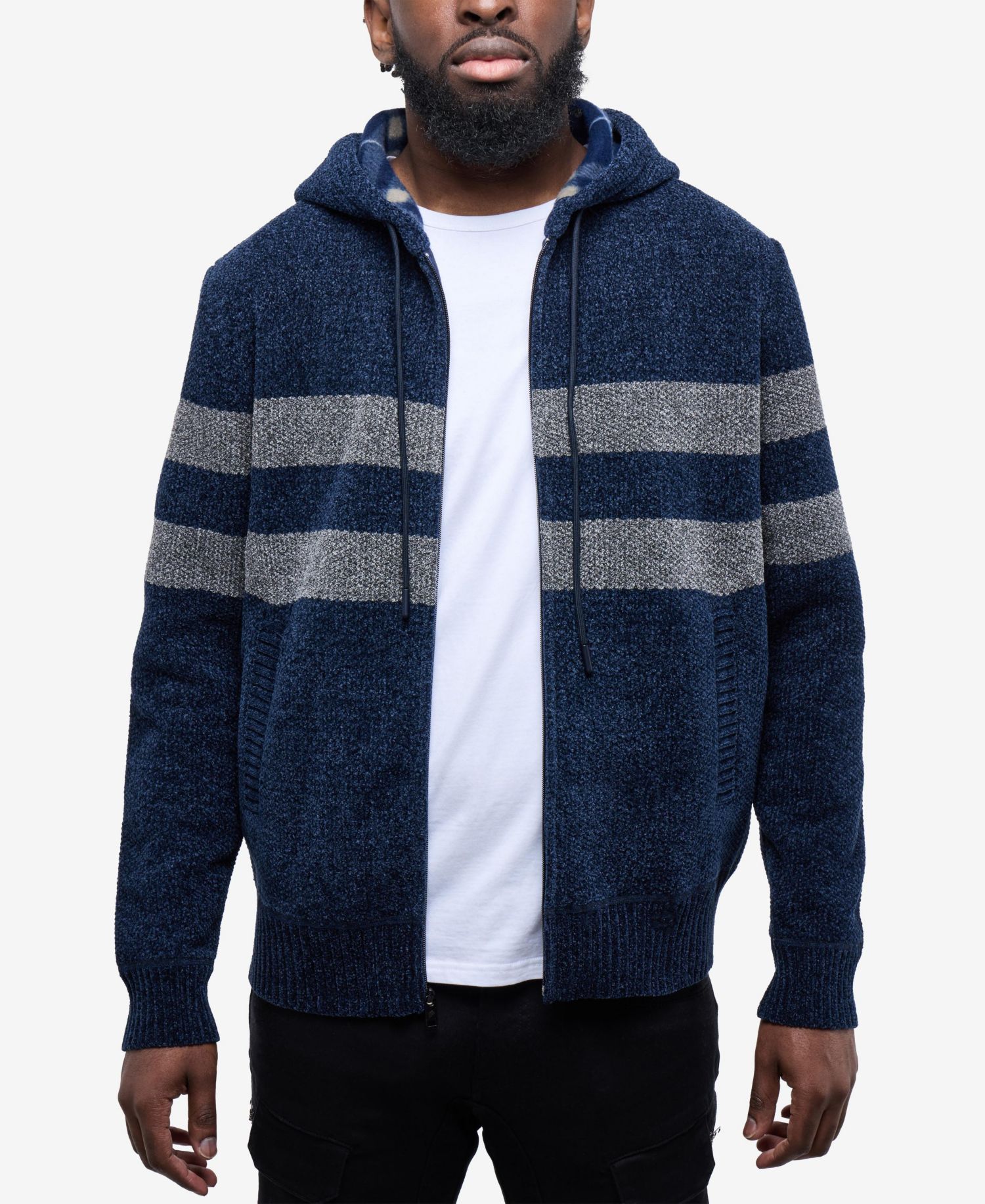 Men's Full Zip Hooded Sweater With Stripes And Flannel Lining