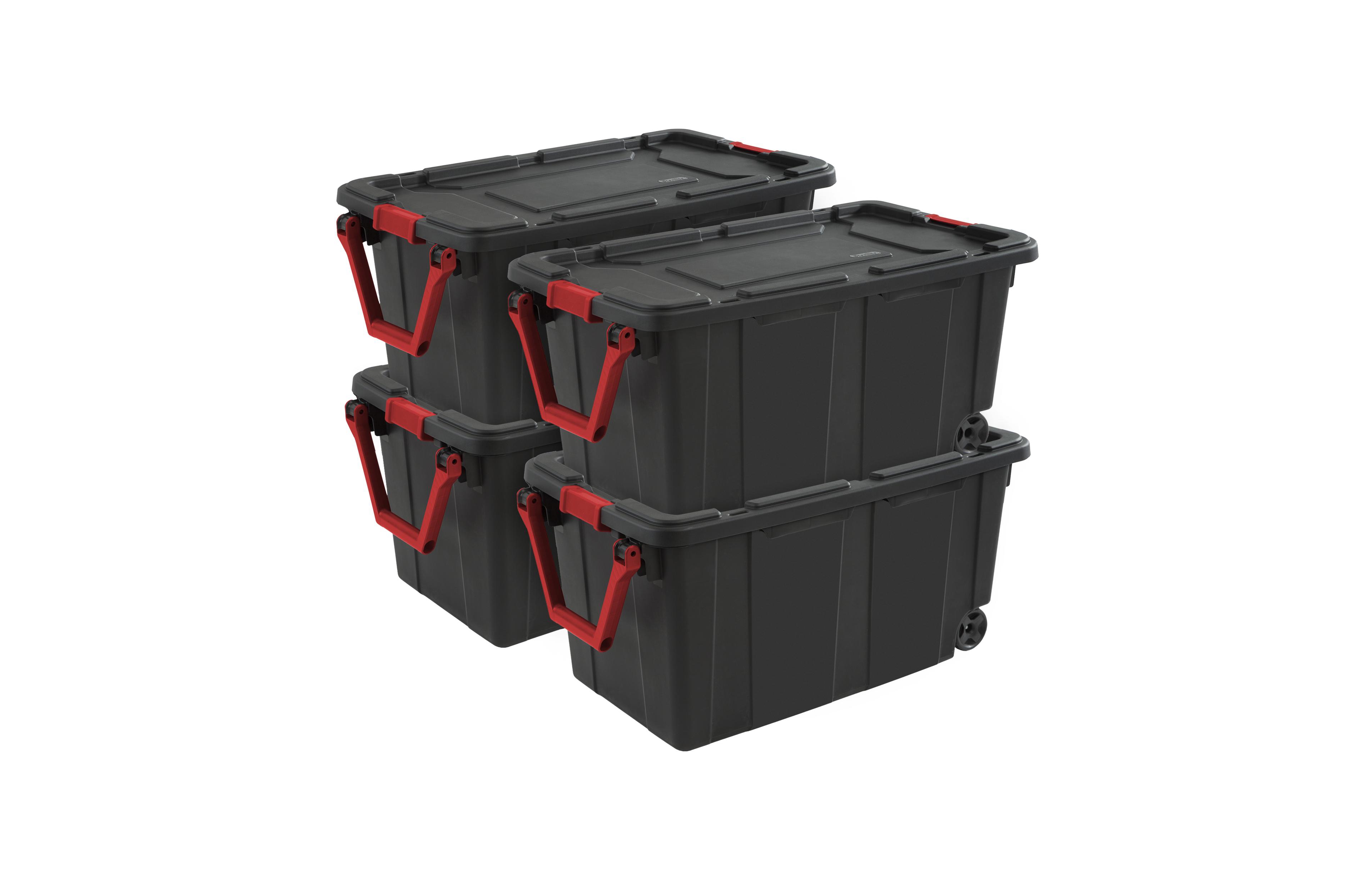 Sterilite Heavy Duty 40 Gallon Wheeled Industrial Storage Tote, 4-Pack, Black